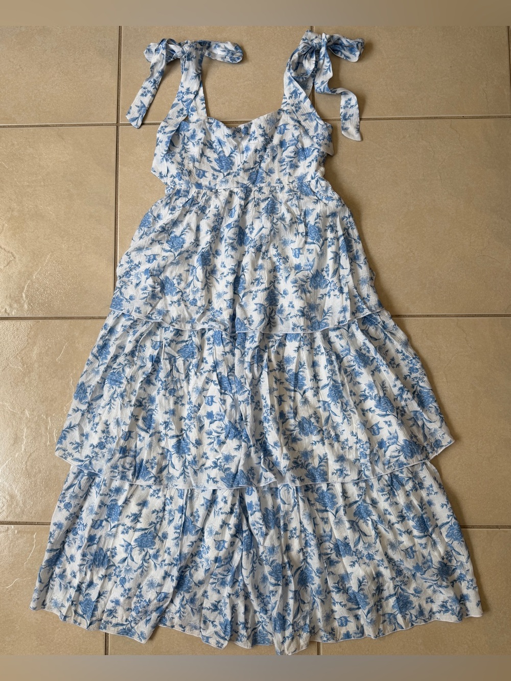 NWT August Sky Floral Tiered Midi Dress Blue White Mock Tie Strap Small Boho